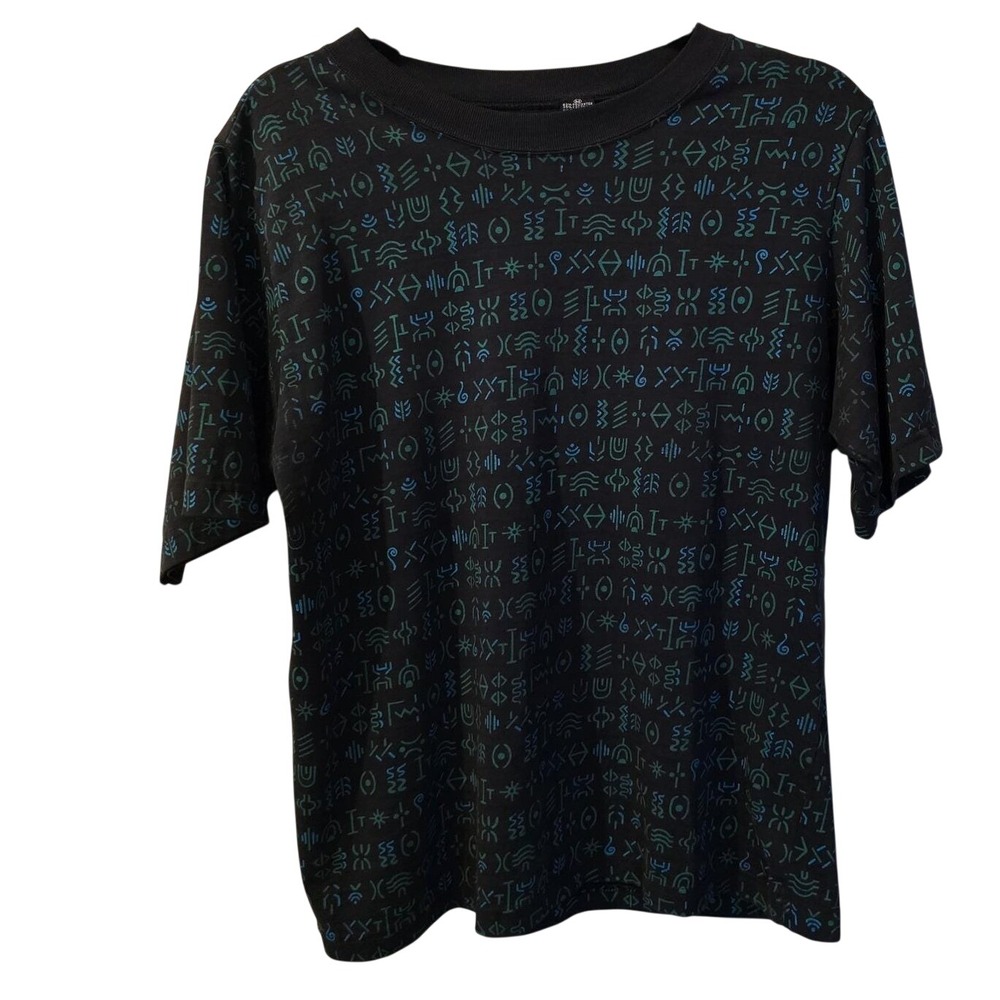 Vintage Pasta All Over Print Tribal Symbol T-Shirt Black Teal Green Mens Medium